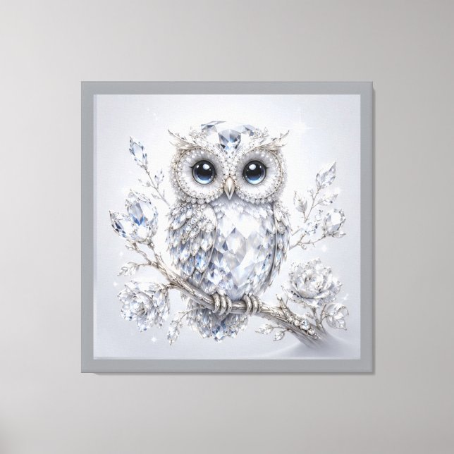 Elegant Silver Owl Botanical Magic Night Deco Canvas Print (Front)