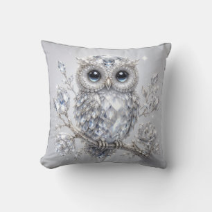 Elegant Silver Owl Botanical Magic Night Deco Cushion