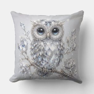 Elegant Silver Owl Botanical Magic Night Deco Cushion