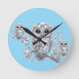 Elegant Silver Owl Botanical Magic Night Deco Round Clock