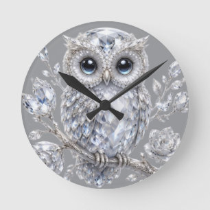 Elegant Silver Owl Botanical Magic Night Deco Round Clock