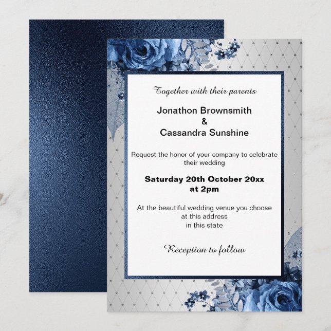 ELEGANT SILVER PATTERN BOUQUET FLORAL NAVY WEDDING INVITATION (Front/Back)