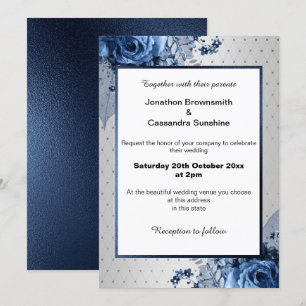 ELEGANT SILVER PATTERN BOUQUET FLORAL NAVY WEDDING INVITATION