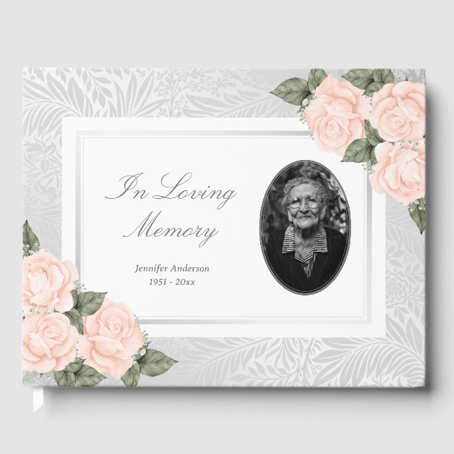 Elegant Silver Peach Roses Botanical Funeral Photo Guest Book (Front)