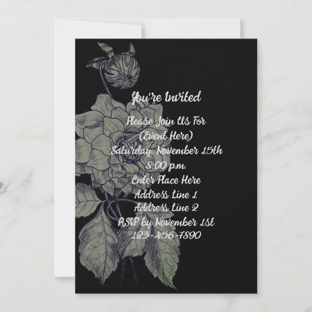 Elegant Silver Peony On Black Floral Party Invitation (Front)