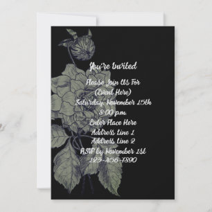 Elegant Silver Peony On Black Floral Party Invitation