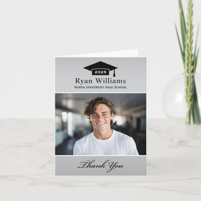 Elegant Silver Personalised Graduation Photo Thank You Card (Front)