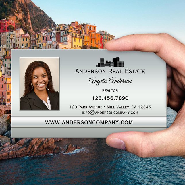 Elegant Silver Photo Professional Business Card (Business card featuring your own logo and photo on a silver printed background)