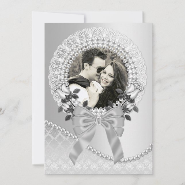 Elegant Silver Photo Wedding Invitation with Pearl (Front)