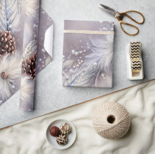 Elegant Silver & Pine Beaded Christmas Floral Wrapping Paper