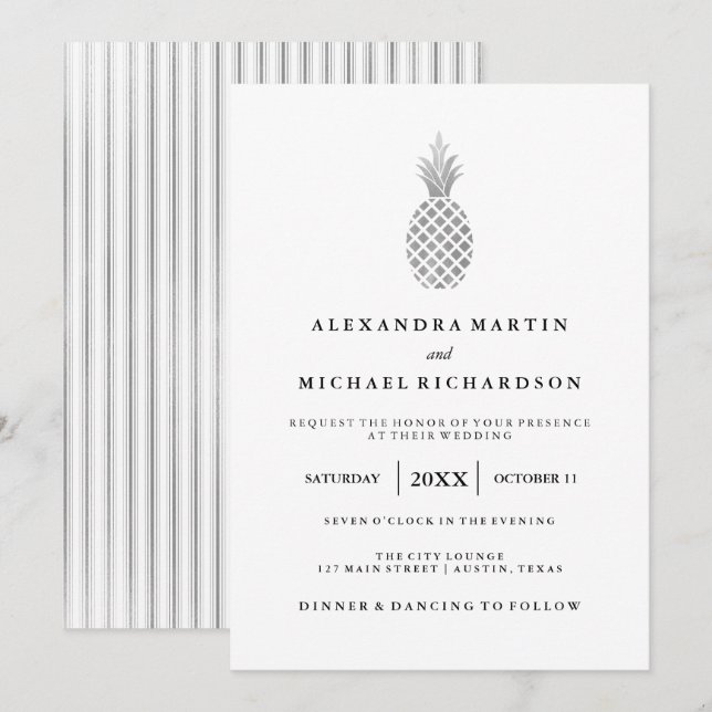 Elegant Silver Pineapple Wedding Invitation (Front/Back)