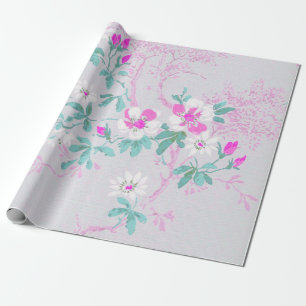 ELEGANT SILVER PINK AQUA  FLORAL BIRTHDAY WEDDING WRAPPING PAPER