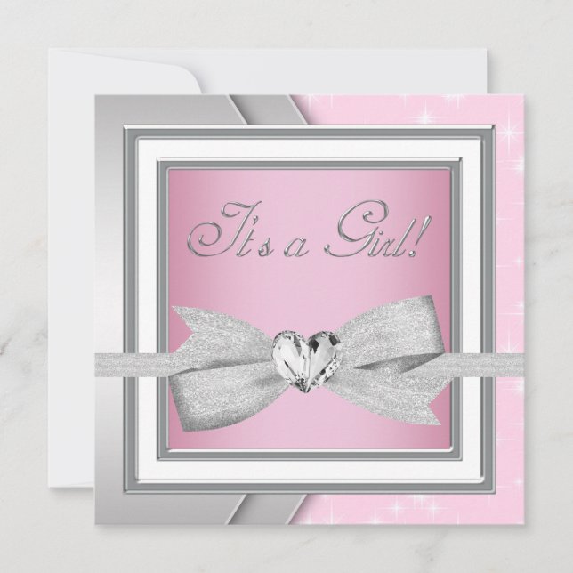 Elegant Silver Pink Baby Girl Shower Invitation (Front)