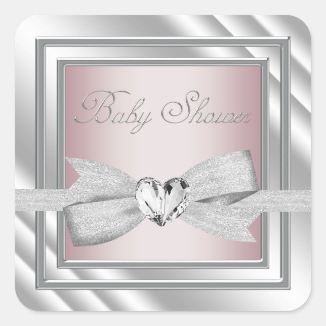 Elegant Silver Pink Baby Shower Stickers (Front)