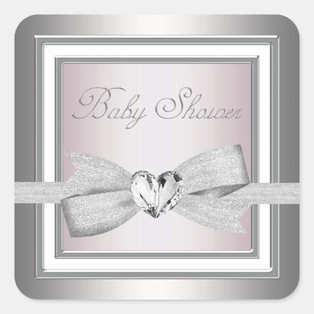 Elegant Silver Pink Baby Shower Stickers (Front)