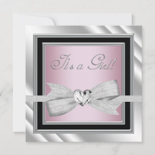 Elegant Silver Pink Black Baby Girl Shower Invitation