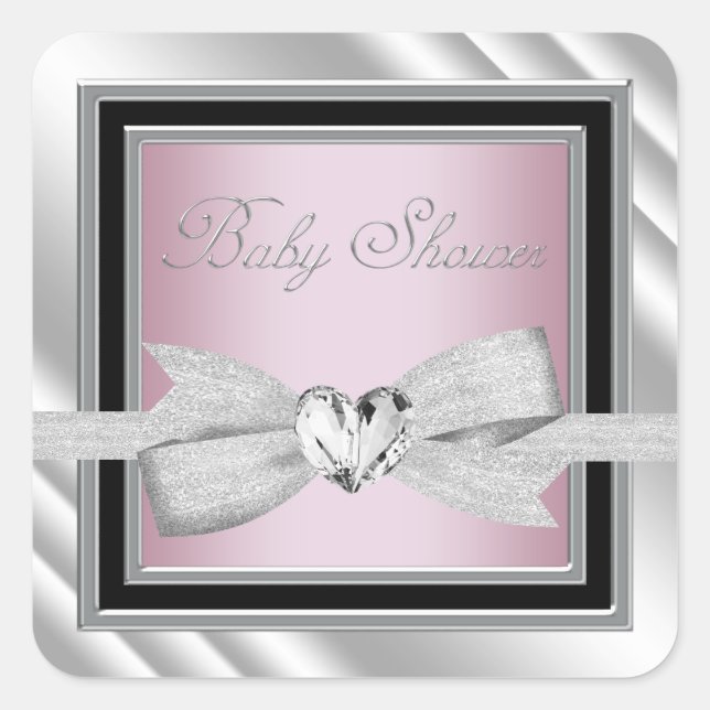 Elegant Silver Pink Black Baby Shower Stickers (Front)