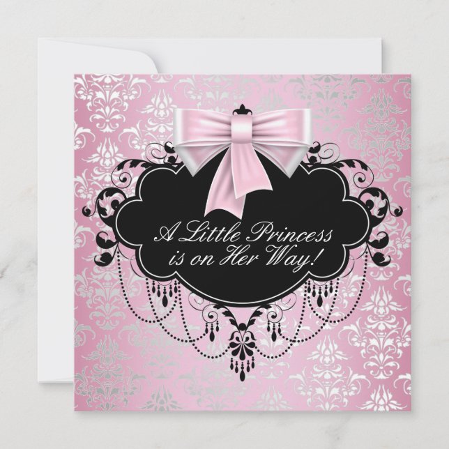 Elegant Silver Pink Black Princess Baby Shower Invitation (Front)