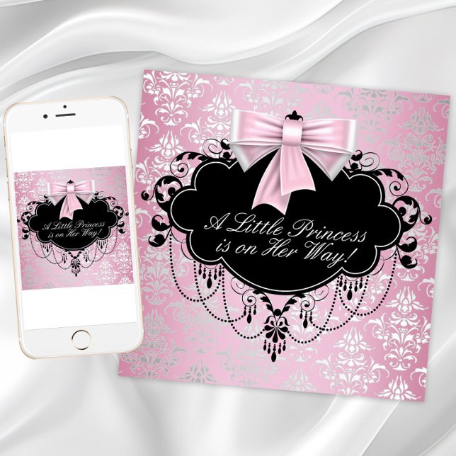 Elegant Silver Pink Black Princess Baby Shower Invitation (Pink and black baby shower invitation. Add your text to front and back. Download and printed.)