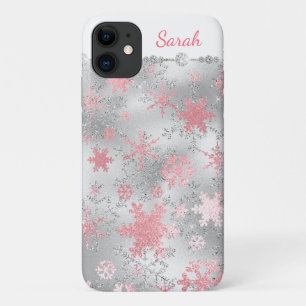 Elegant Silver Pink Christmas Snowflake Pattern iPhone 11 Case