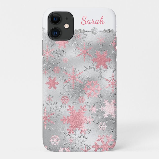 Elegant Silver Pink Christmas Snowflake Pattern Case-Mate iPhone Case (Back)