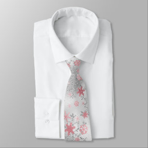 Elegant Silver Pink Christmas Snowflake Pattern Tie