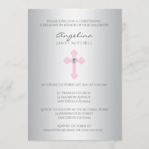 Elegant Silver Pink Cross Girl Baptism Christening Invitation