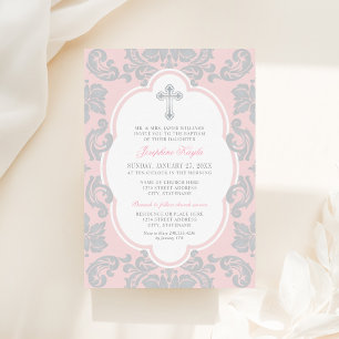 Elegant Silver Pink Damask Baby Girl Baptism Invitation