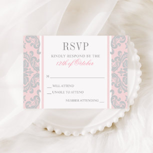 Elegant Silver Pink Damask Baby Girl Baptism RSVP Card