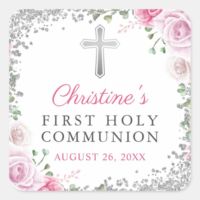 Elegant Silver Pink Floral First Holy Communion Square Sticker (Front)