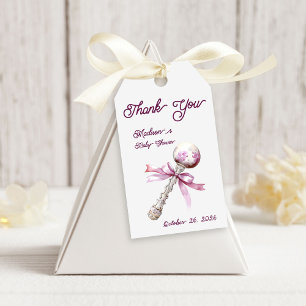 Elegant Silver Pink Rattle Bow Baby Shower Gift Tags