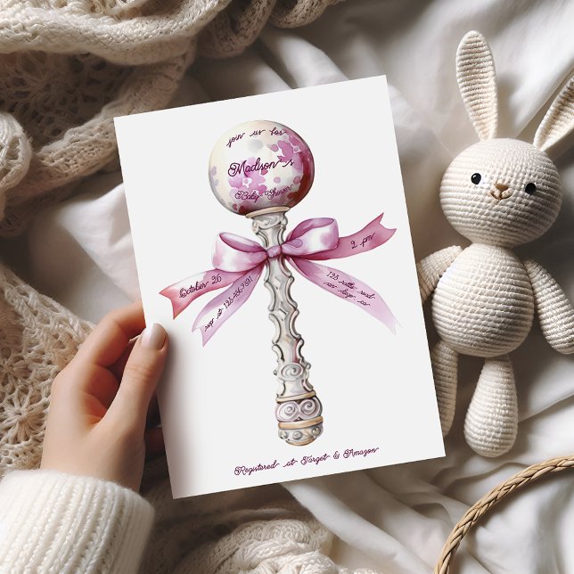 Elegant Silver Pink Rattle Bow Baby Shower Invitation (Creator Uploaded)