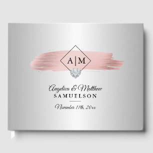 Elegant Silver Pink Rose Gold Monograms Wedding Guest Book