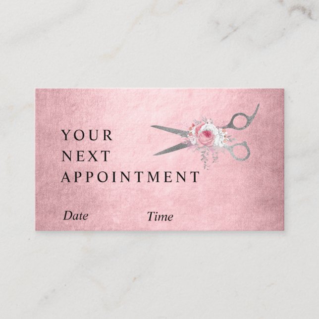 Elegant silver pink rose gold scissors hairstylist appointment card (Front)
