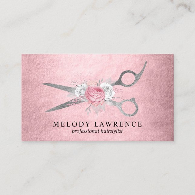 Elegant silver pink rose gold scissors hairstylist business card (Front)