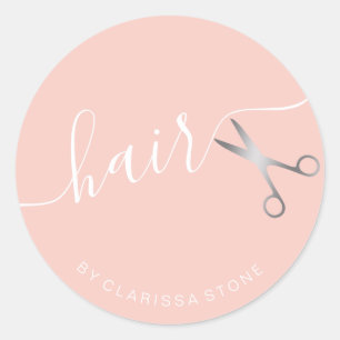 Elegant silver pink scissors hairstylist classic round sticker