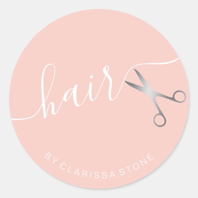 Elegant silver pink scissors hairstylist classic round sticker (Front)