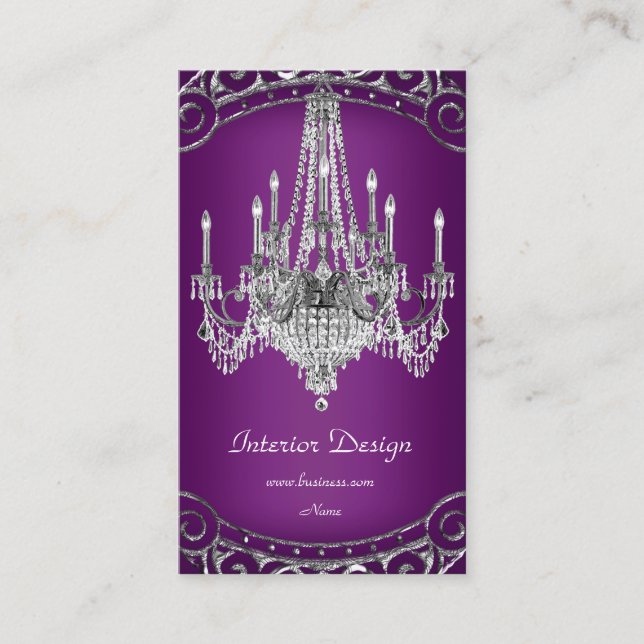 Elegant Silver Plum Chandelier Interior Design Business Card (Front)