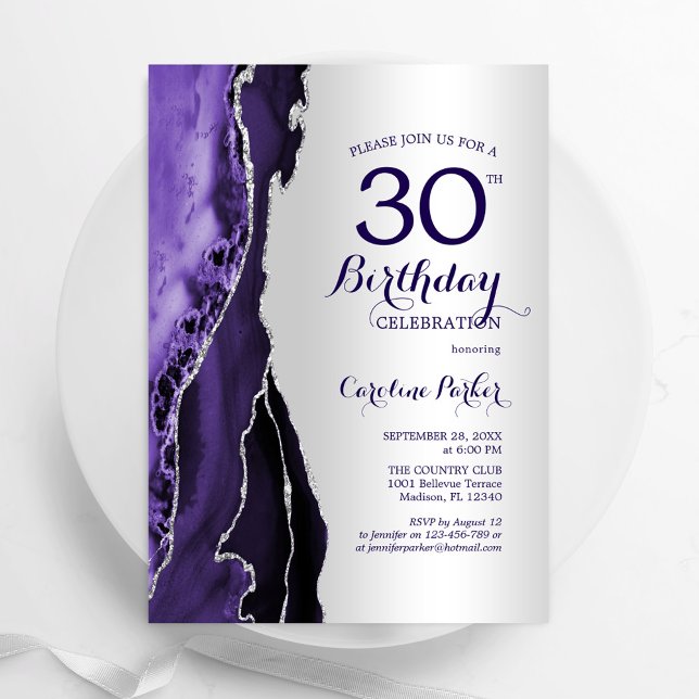 Elegant Silver Purple Agate 30th Birthday Invitation (Creator Uploaded)