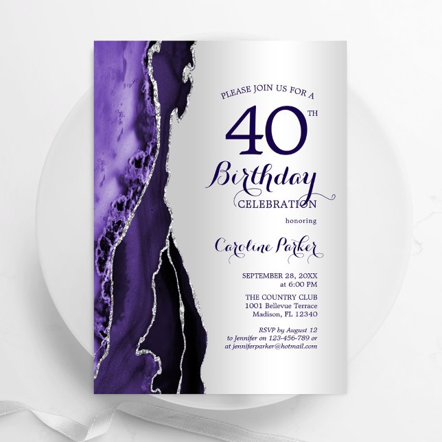 Elegant Silver Purple Agate 40th Birthday Invitation (Creator Uploaded)