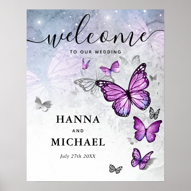 Elegant Silver Purple Butterfly Welcome Wedding Poster (Front)
