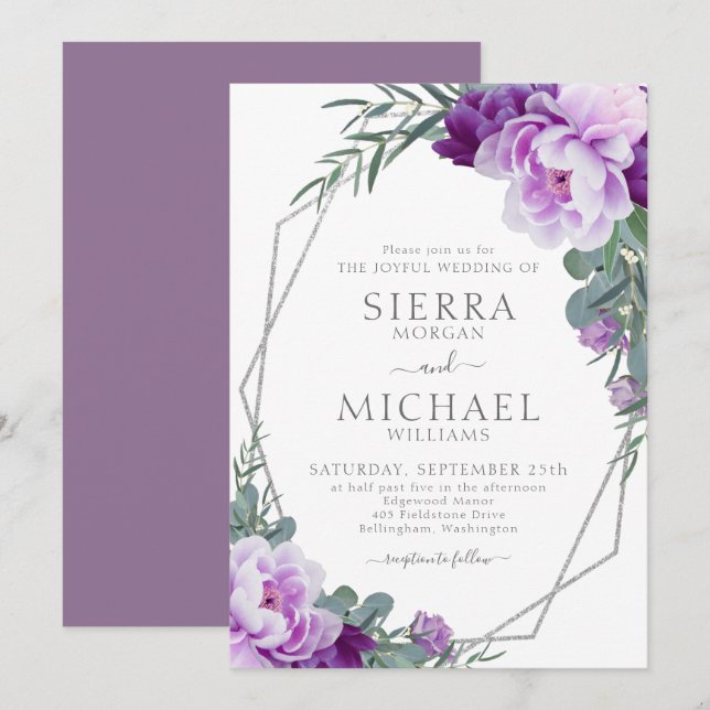 Elegant Silver & Purple Floral Eucalyptus Wedding Invitation (Front/Back)