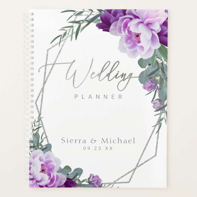 Elegant Silver & Purple Floral Eucalyptus Wedding Planner (Front)