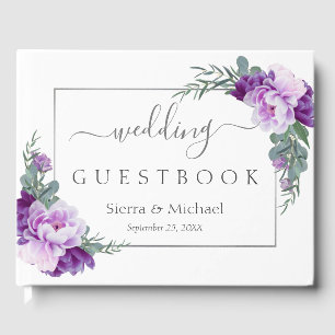 Elegant Silver & Purple Floral Geometric Wedding Guest Book