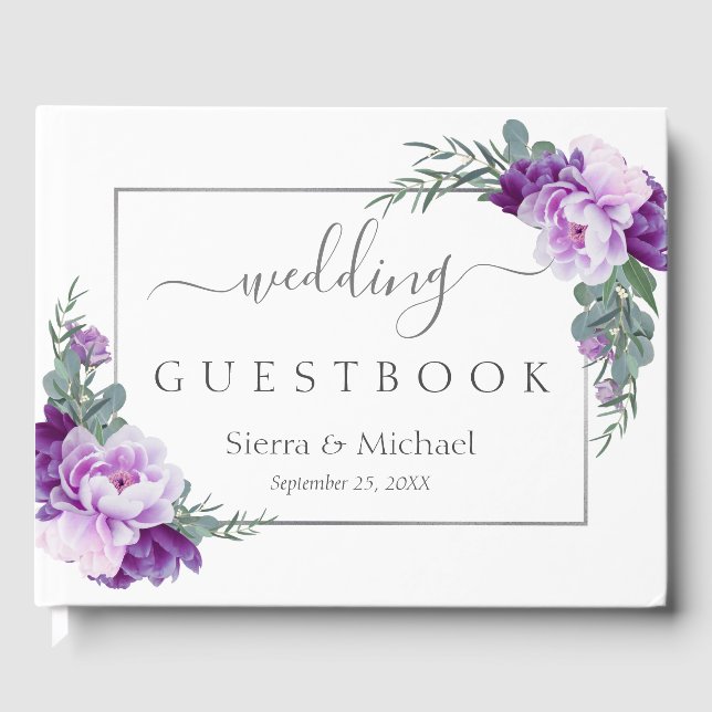 Elegant Silver & Purple Floral Geometric Wedding Guest Book (Front)