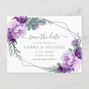 Elegant Silver Purple Floral Save the Date Wedding Announcement Postcard