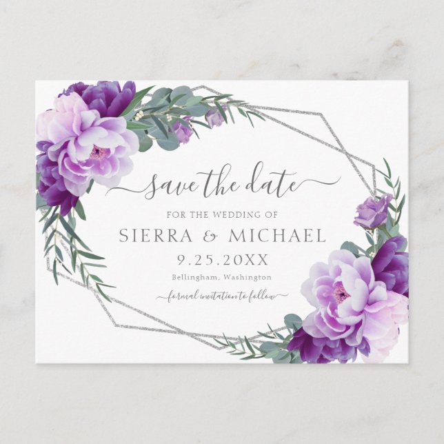 Elegant Silver Purple Floral Save the Date Wedding Announcement Postcard (Front)