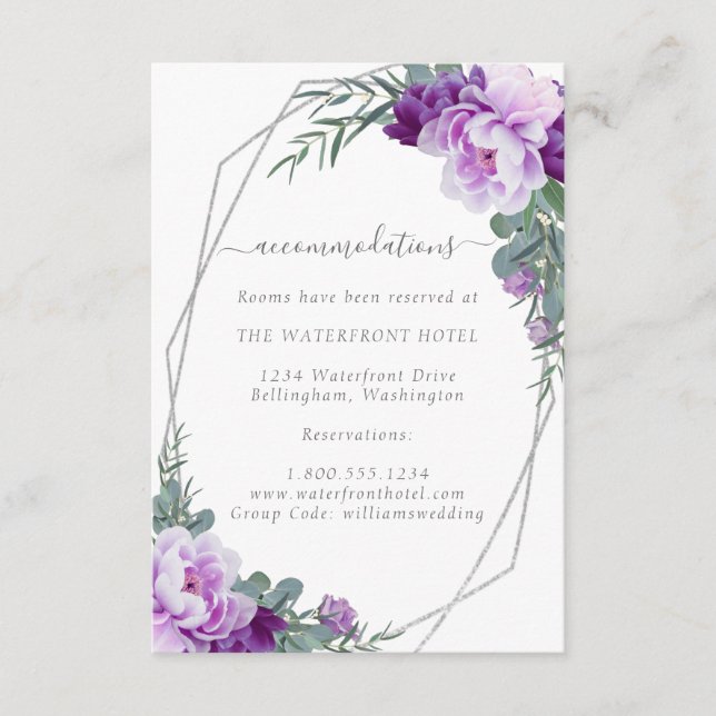 Elegant Silver & Purple Floral Wedding Details Enclosure Card (Front)