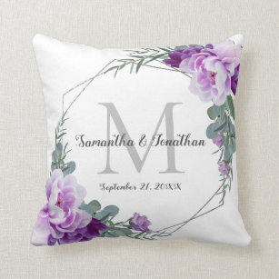 Elegant Silver Purple Floral Wedding Throw Pillow