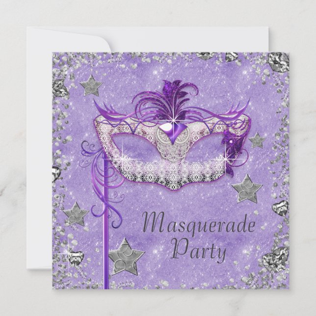 Elegant Silver Purple Masquerade Party Invitation (Front)